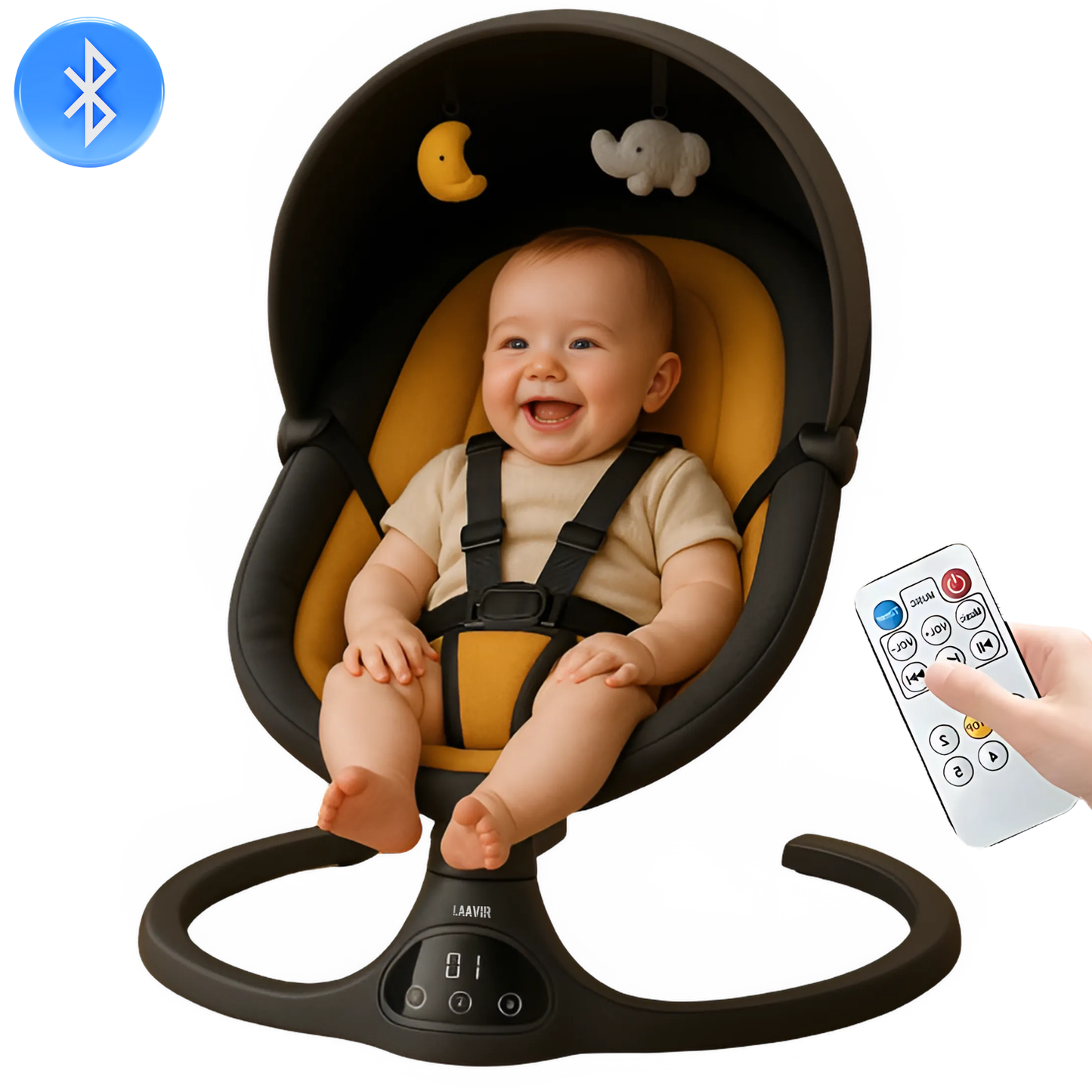 Elektrische baby wiegschommel oranje/zwart met muziek - baby glimlacht blij