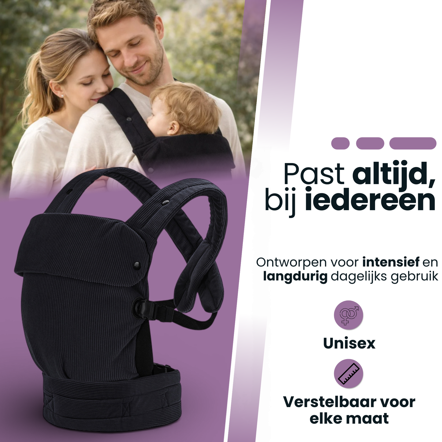 Baby Draagzak Corduroy Zwart Ergonomisch 0-36 Maanden Comfortabele Buikdrager Ademend & Verstelbaar