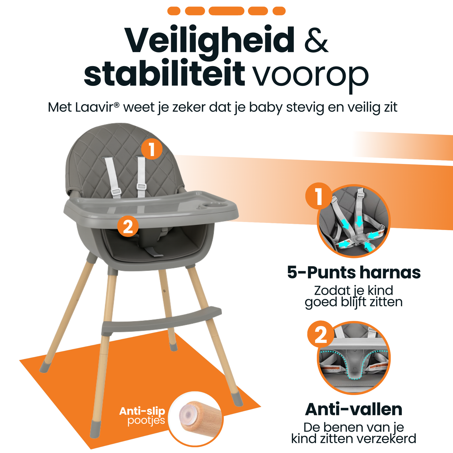 Kinderstoel High Chair - Houten 2-in-1 Stoel - Verstelbaar met 5-puntsgordel & Eetblad - Grijs