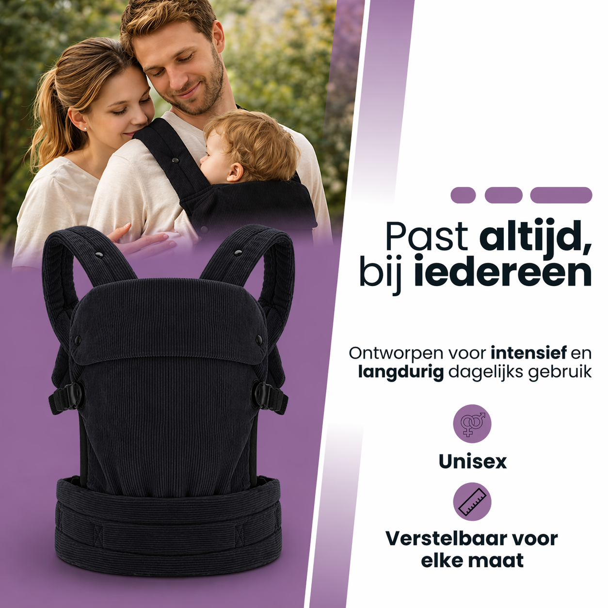Baby Draagzak Corduroy Zwart Ergonomisch 0-36 Maanden Comfortabele Buikdrager Ademend & Verstelbaar