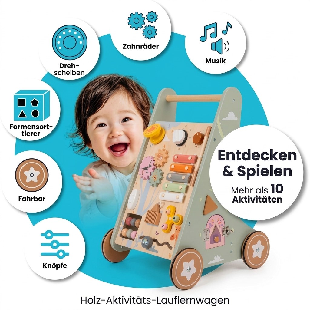 Houten Loopwagen met Activiteitenpaneel - Montessori - Lichtgroen (DE 9)