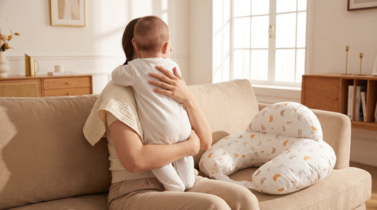Ouder laat een baby een boertje doen, met het witte voedingskussen van Laavir op de bank