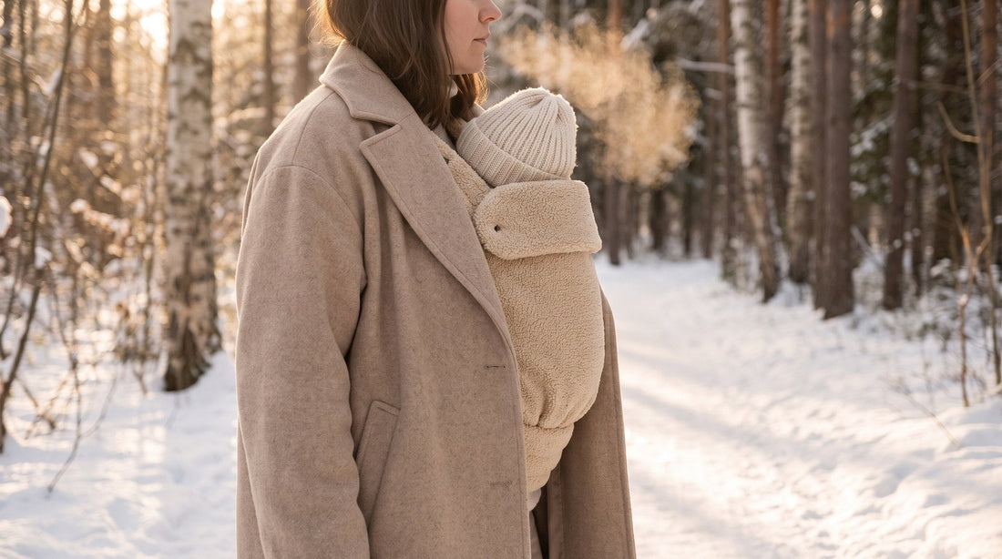 Ouder draagt een baby met mutsje in de beige teddy-draagzak van Laavir op een winterse dag