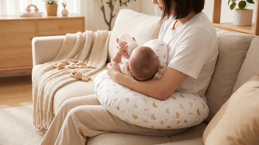 Ouder geeft de fles met de baby op het witte voedingskussen van Laavir