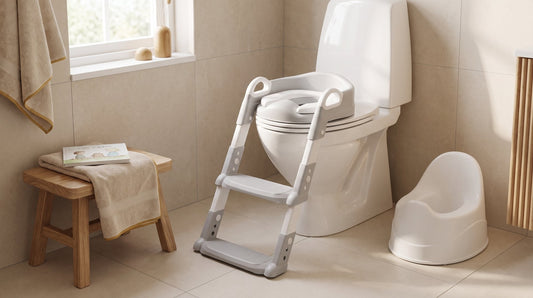Grijze wc-verkleiner met trapje van Laavir op een witte wc in een lichte badkamer