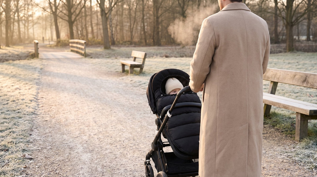 Ouder wandelt met een buggy met zwarte voetenzak van Laavir door een winters park