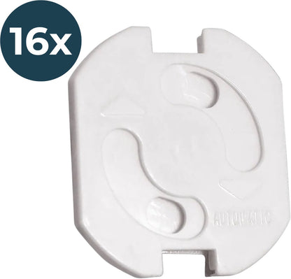 Witte stopcontactbeveiliging met draaimechanisme, set van 16 stuks, op witte achtergrond.