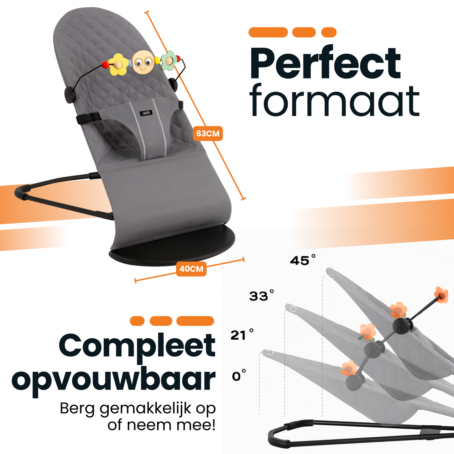 Verstelbare en inklapbare baby wipstoel in grijs - eenvoudig op te bergen.