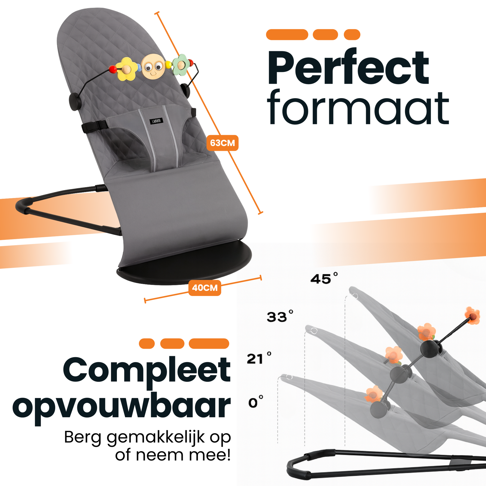 Verstelbare en inklapbare baby wipstoel in grijs - eenvoudig op te bergen.
