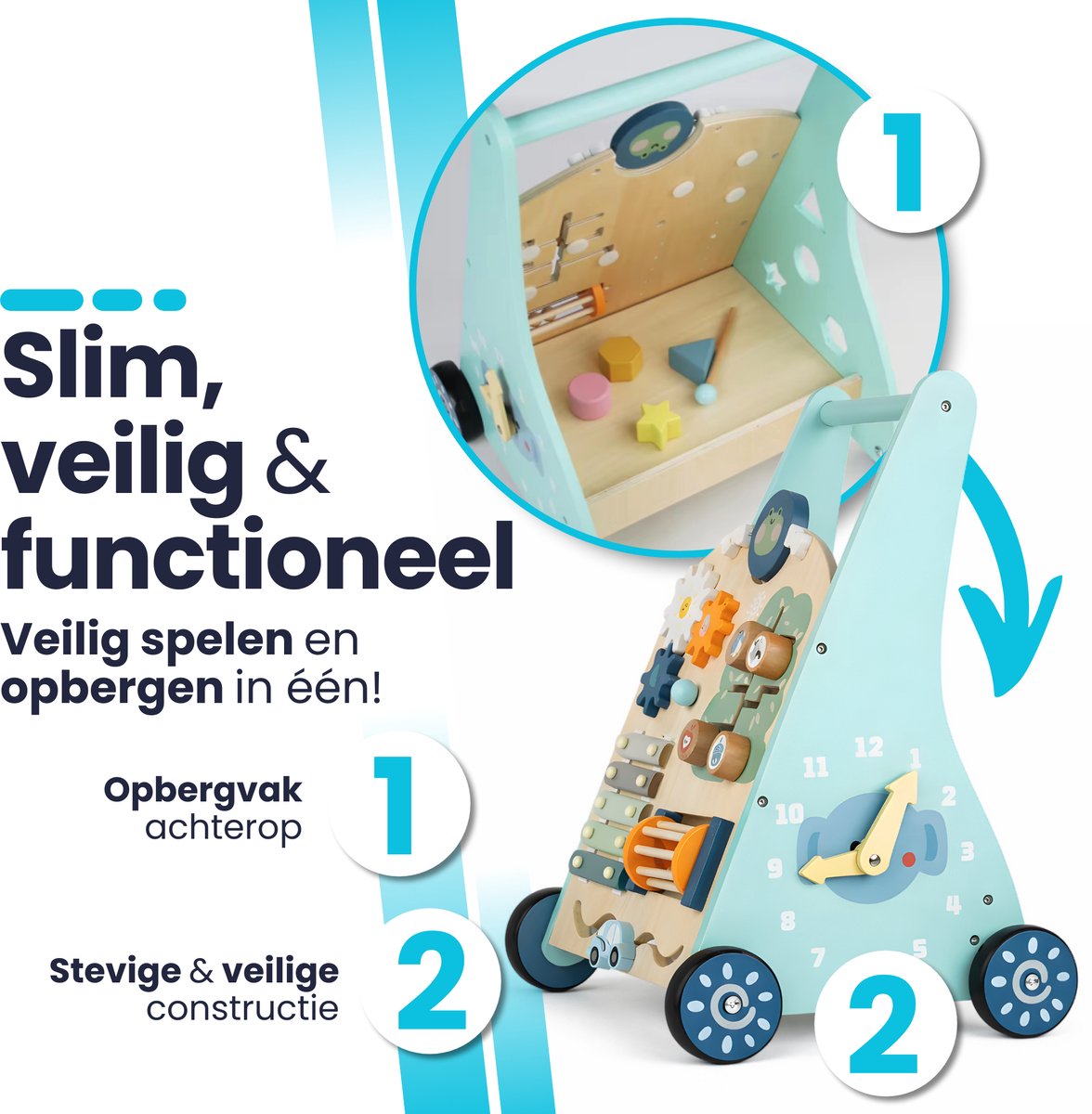 Laavir Houten Activiteiten Loopwagen Mintblauw - opbergvak en stevige constructie