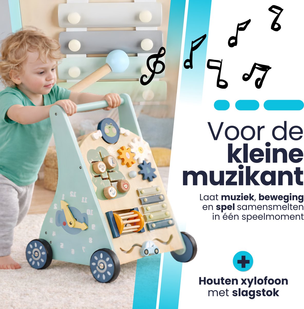 Laavir Houten Activiteiten Loopwagen Mintblauw - baby speelt op de xylofoon