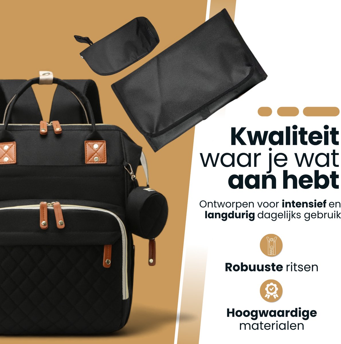 Laavir Luiertas Rugzak Zwart - detail van de tas met etui en verschoonmatje