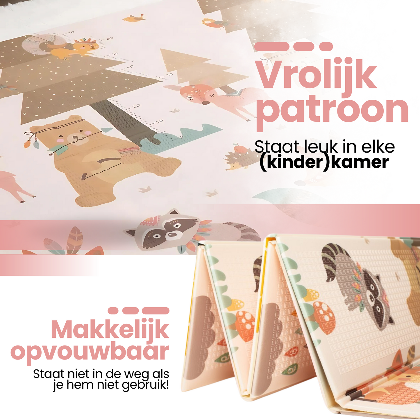 Opvouwbare baby speelmat met vrolijke dierenprint en opbergtas getoond open en gevouwen.