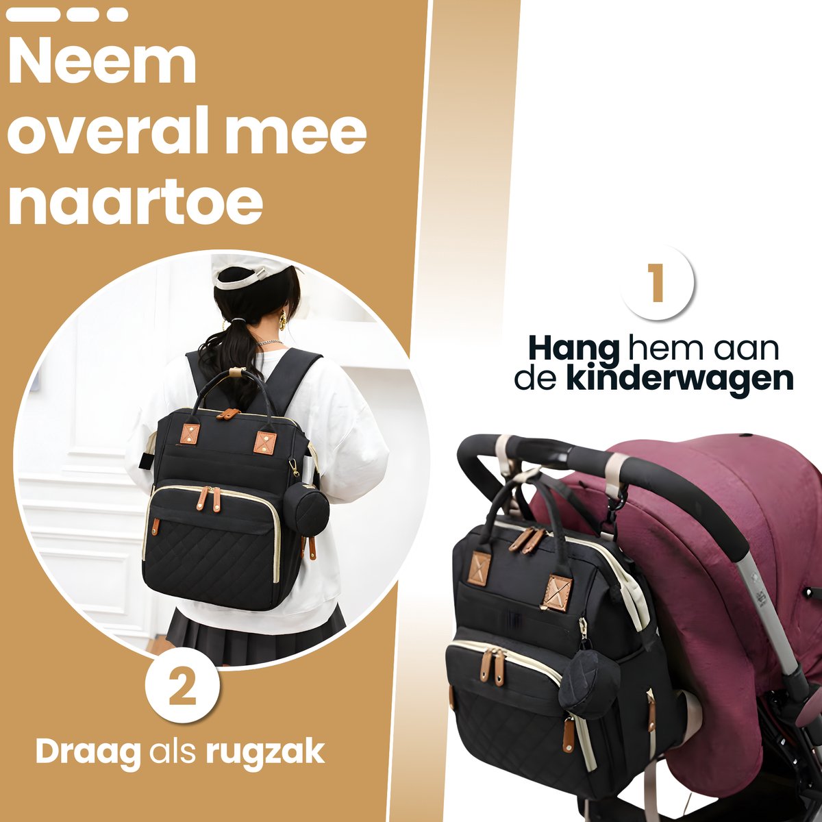 Laavir Luiertas Rugzak Zwart - aan de kinderwagen en op de rug gedragen
