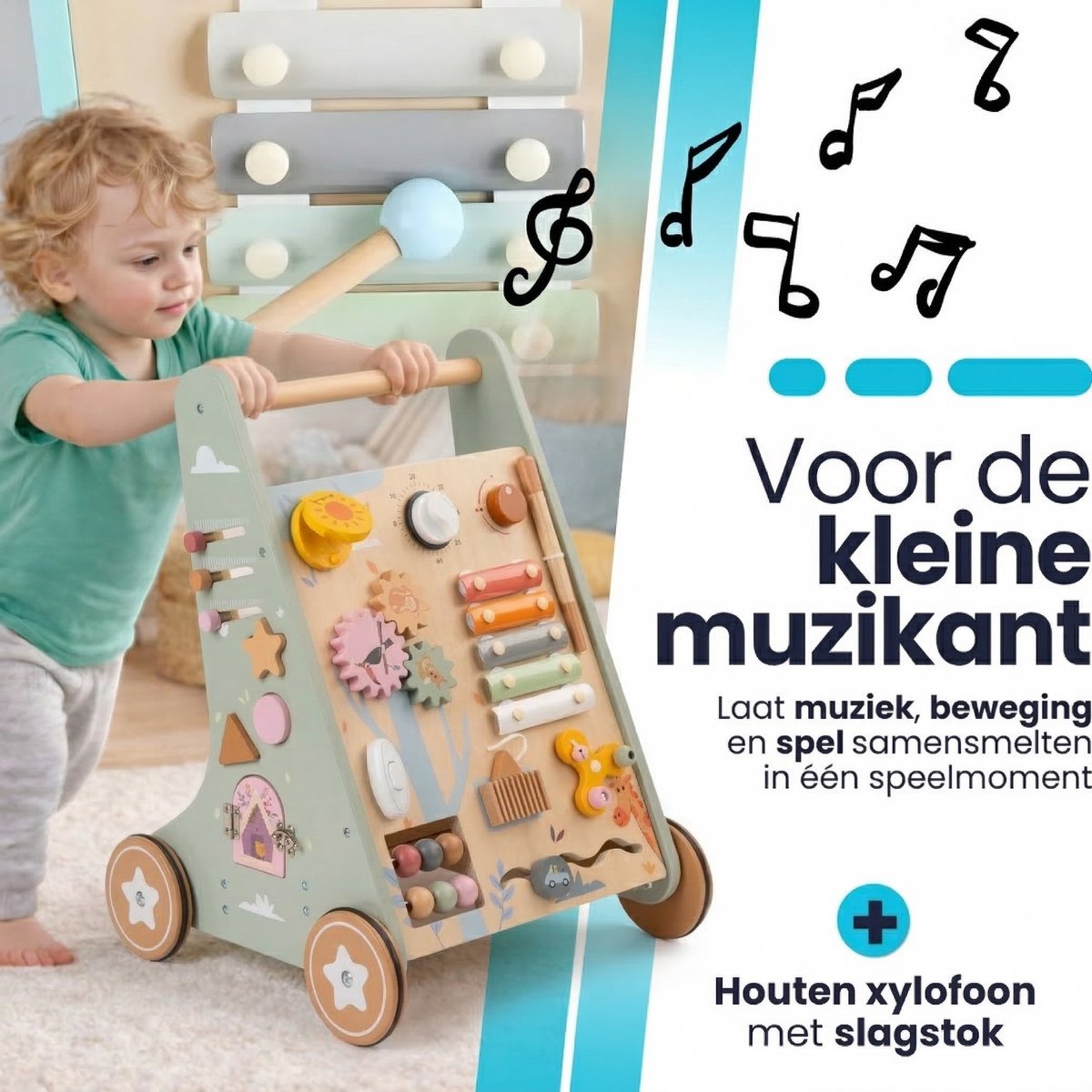 Laavir Houten Loopwagen met Activiteitenpaneel Lichtgroen - peuter met xylofoon en stokje