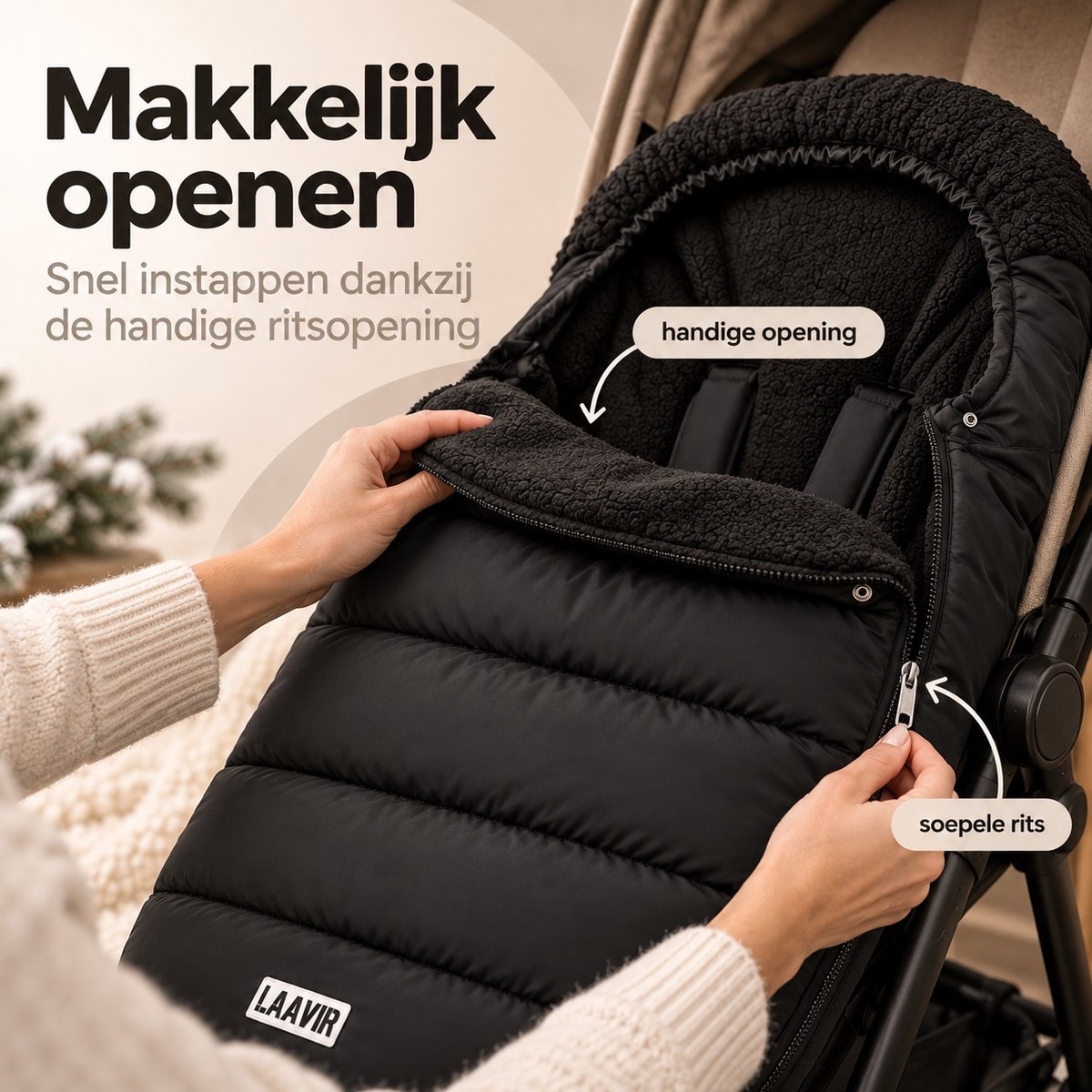 Laavir Voetenzak voor Buggy en Kinderwagen Zwart - ritsopening