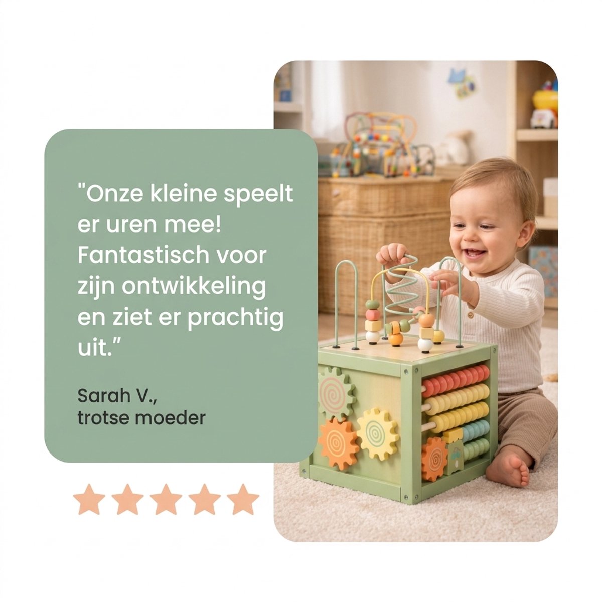 Laavir Houten Activiteitenkubus Mintgroen - lachende baby met kralen en tandwielen