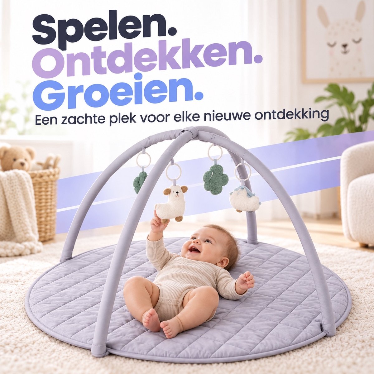 Laavir Babygym Speelkleed met Boog Grijs - lachende baby op de speelmat
