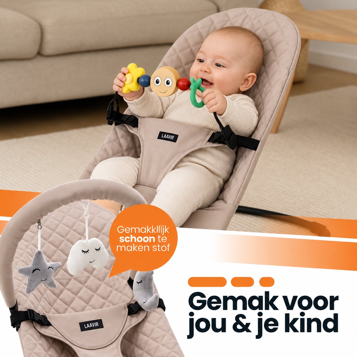 Laavir Baby Wipstoel Compact Beige - baby speelt met de hangspeeltjes
