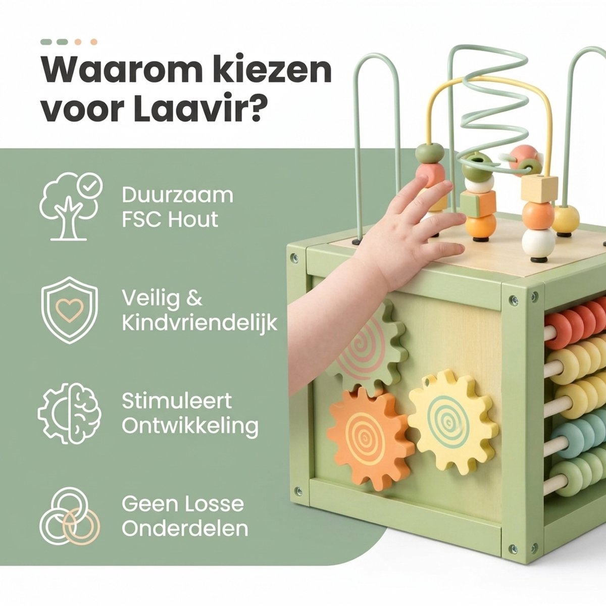 Laavir Houten Activiteitenkubus Mintgroen - kenmerken op een rij