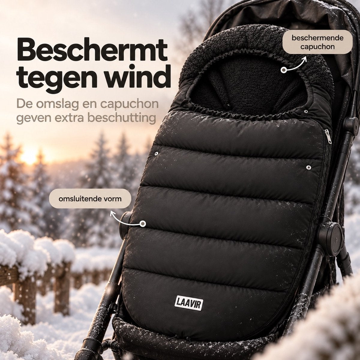 Laavir Voetenzak voor Buggy en Kinderwagen Zwart - omgeslagen capuchon tegen de wind