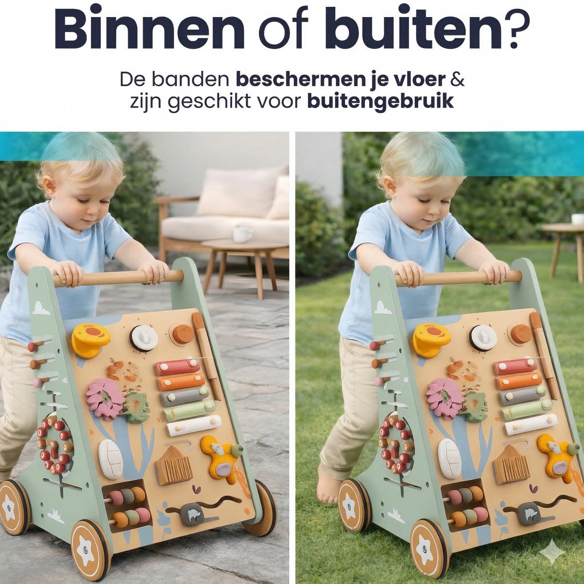 Laavir Houten Loopwagen met Activiteitenpaneel Lichtgroen - binnen op tapijt en buiten op gras