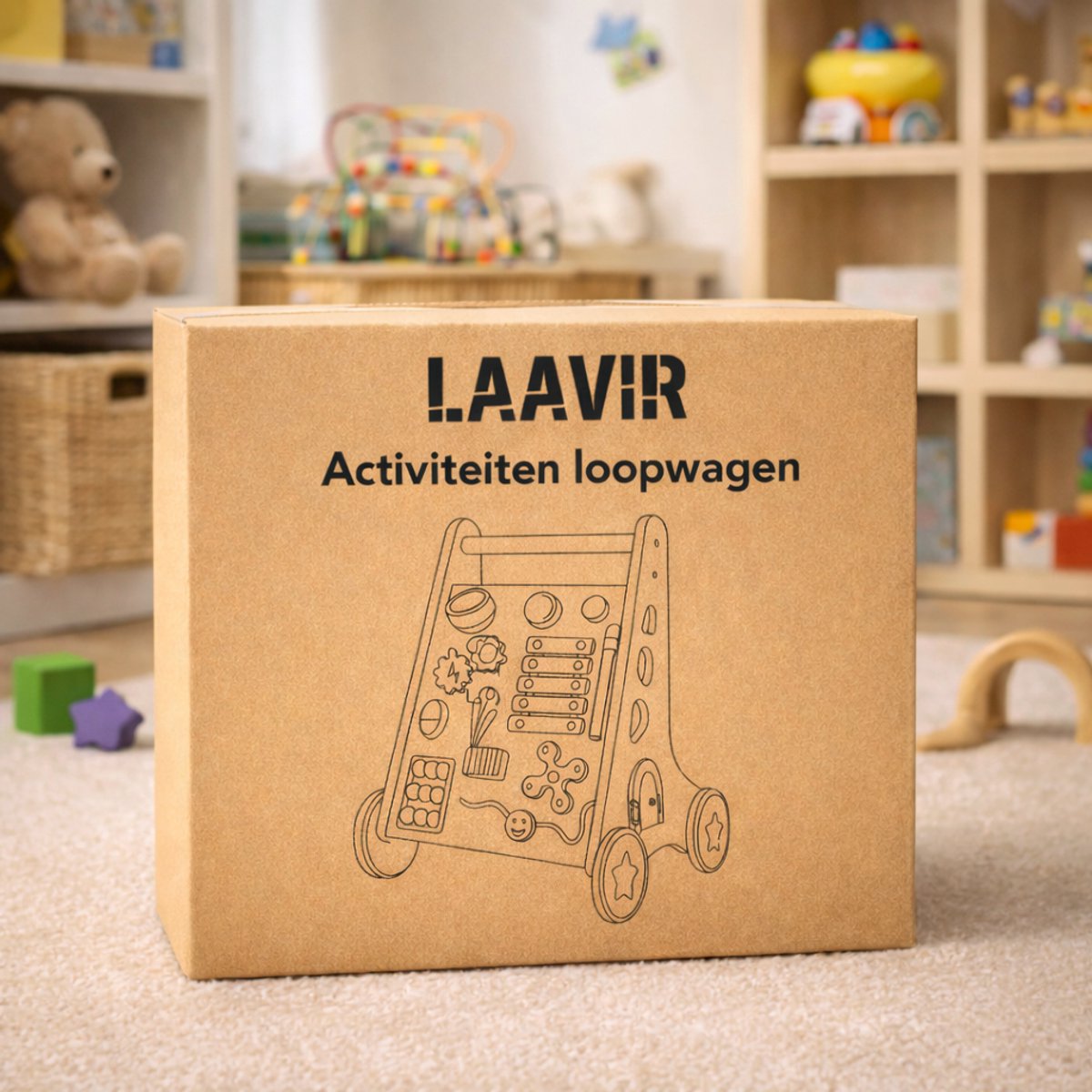 Laavir Houten Loopwagen met Activiteitenpaneel Lichtgroen - verpakking