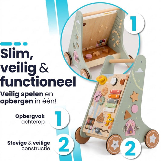 Laavir Houten Loopwagen met Activiteitenpaneel Lichtgroen - tandwielen, xylofoon en opbergvak