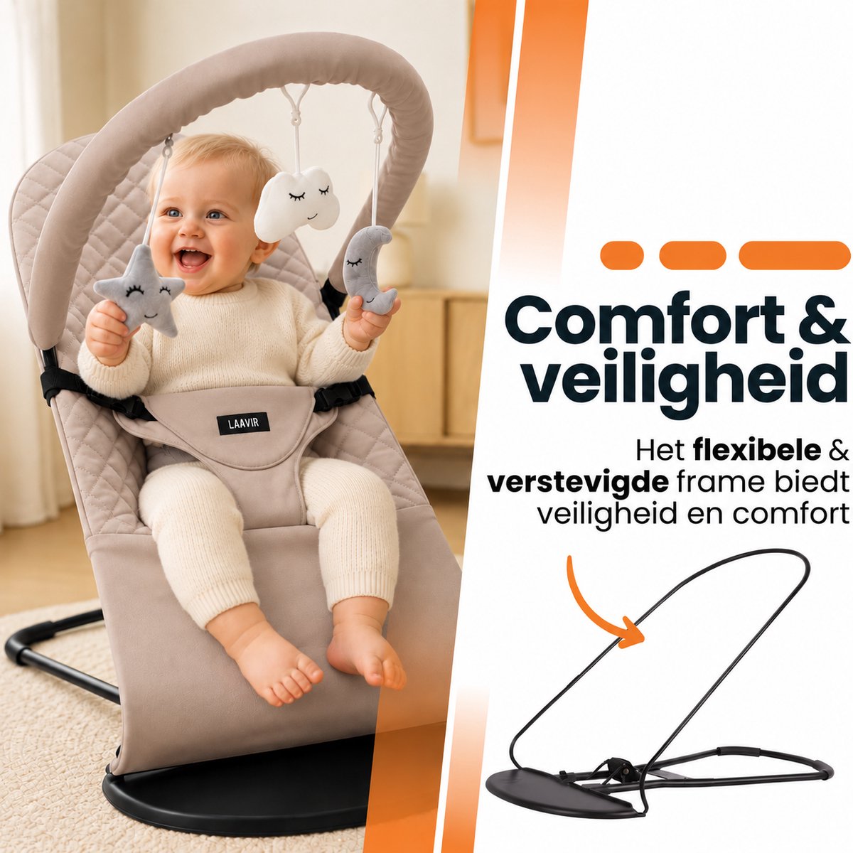 Laavir Baby Wipstoel Compact Beige - lachende baby met speeltjes