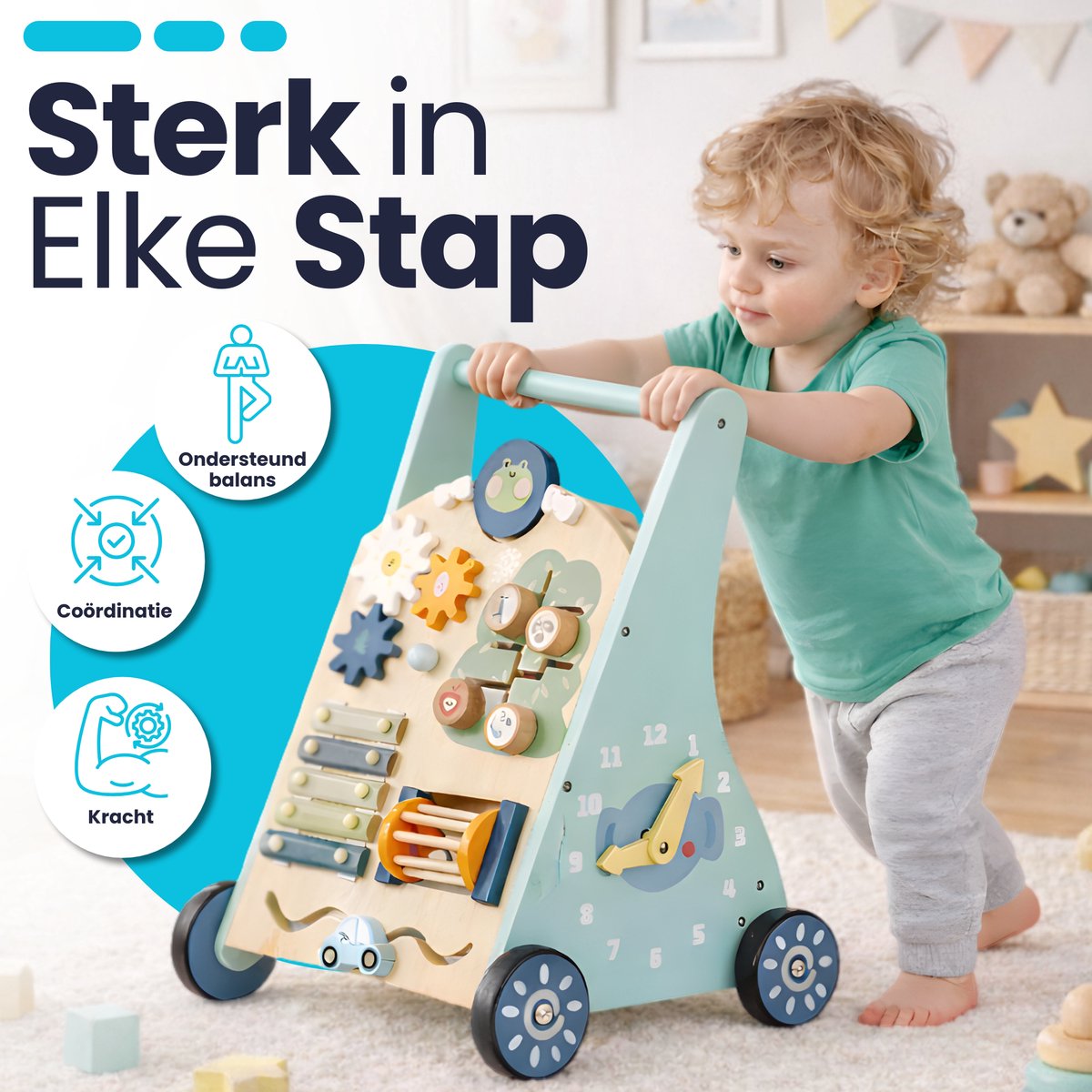 Laavir Houten Activiteiten Loopwagen Mintblauw - baby oefent met lopen