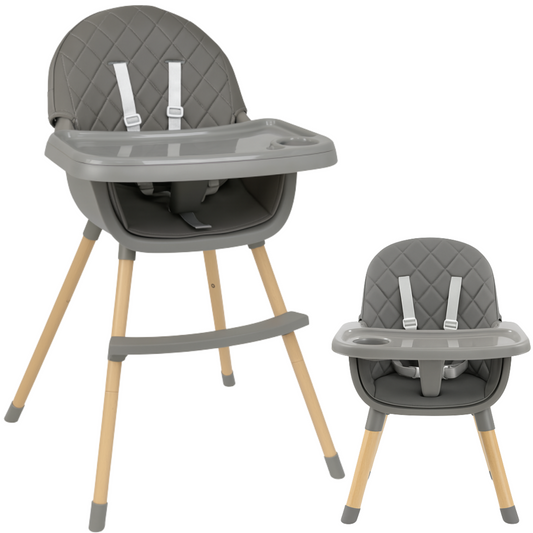 Grijze kinderstoel 2-in-1 met houten poten, eetblad en verstelbare 5-puntsgordel.