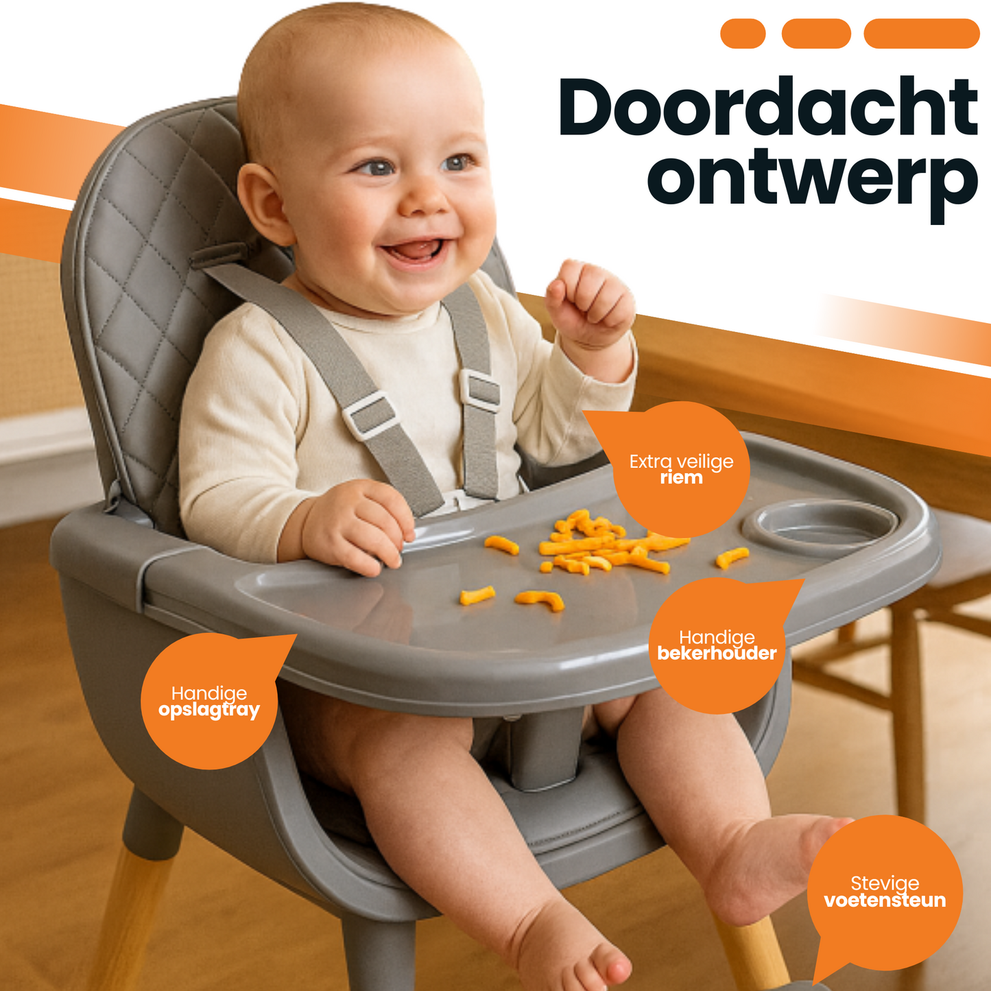 Kinderstoel High Chair - Houten 2-in-1 Stoel - Verstelbaar met 5-puntsgordel & Eetblad - Grijs