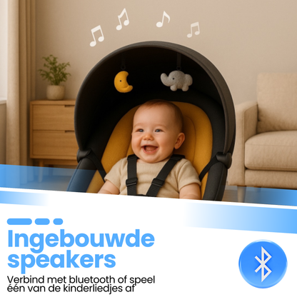 Elektrische baby wiegschommel oranje/zwart met muziek - baby glimlacht tevreden