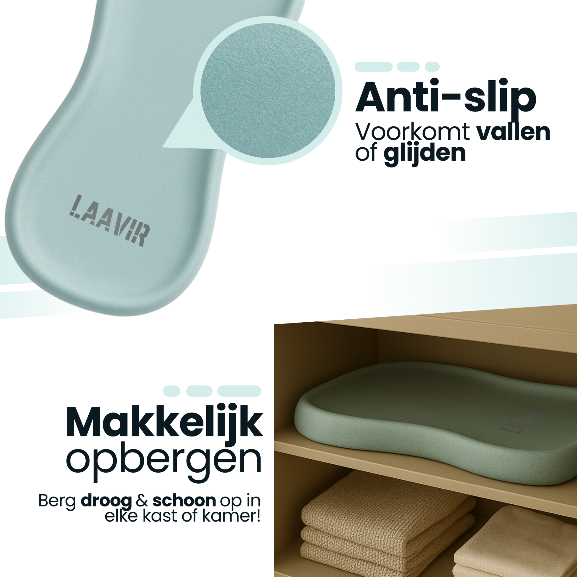 Hygiënisch verschoonkussen op houten plank met handdoeken - anti-slip detail zichtbaar.