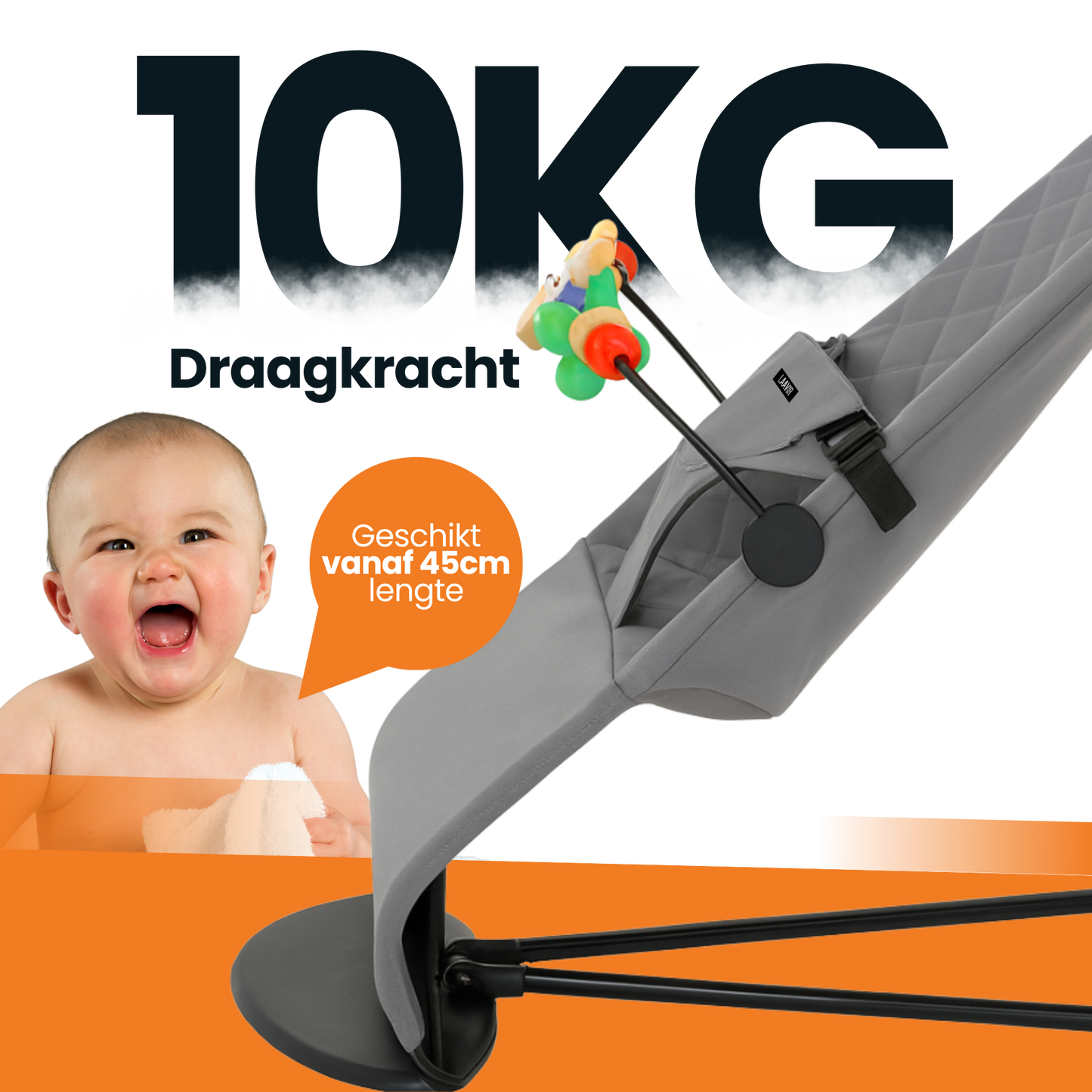 Verstelbare grijze baby wipstoel met kleurrijke speelgoedboog, geschikt vanaf 45 cm.