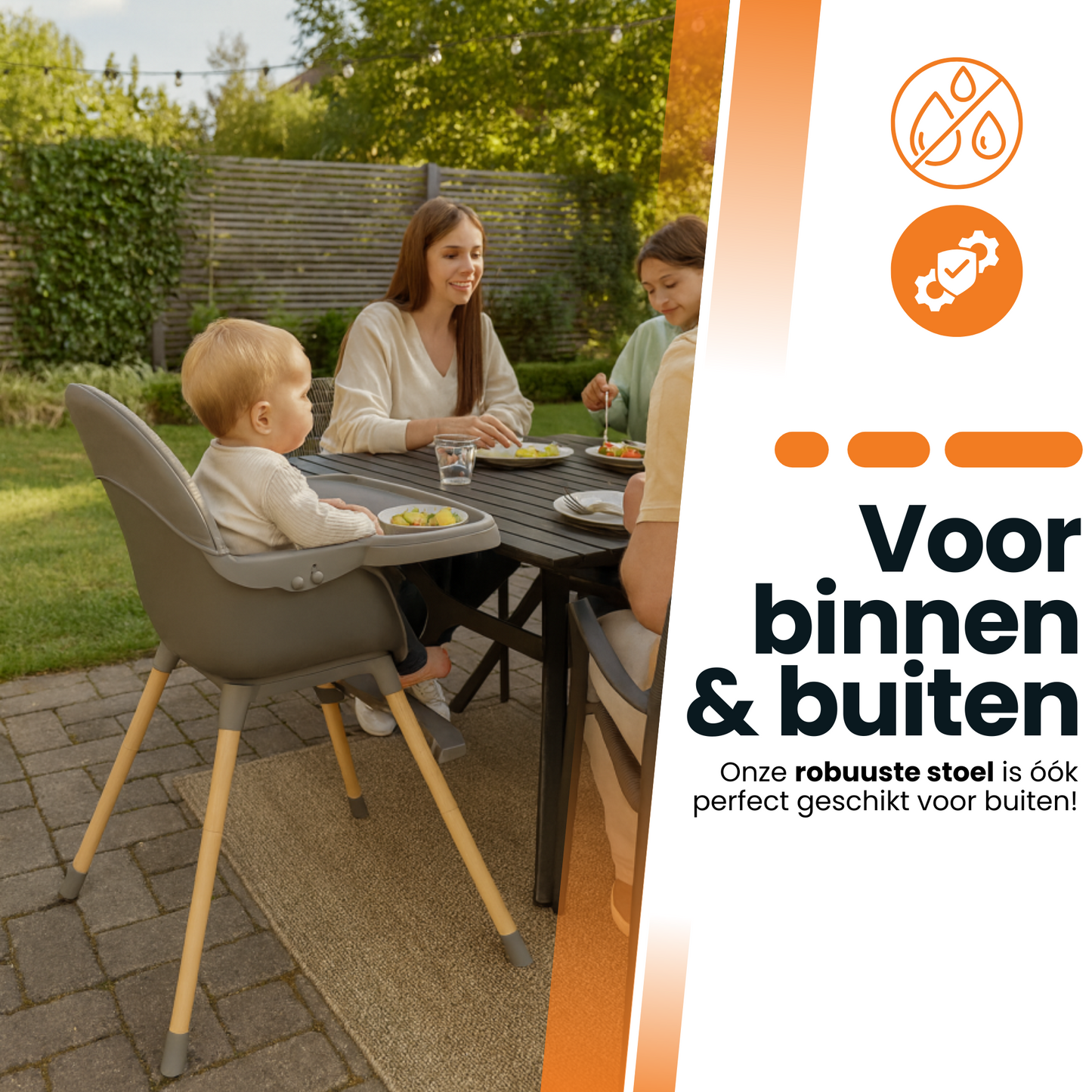 Grijze houten 2-in-1 kinderstoel met eetblad - verstelbaar met 5-puntsgordel, in buiten setting.