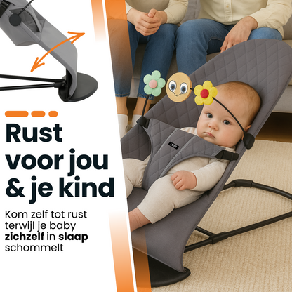 Verstelbare baby wipstoel grijs met bloemen speelgoed en zittende baby