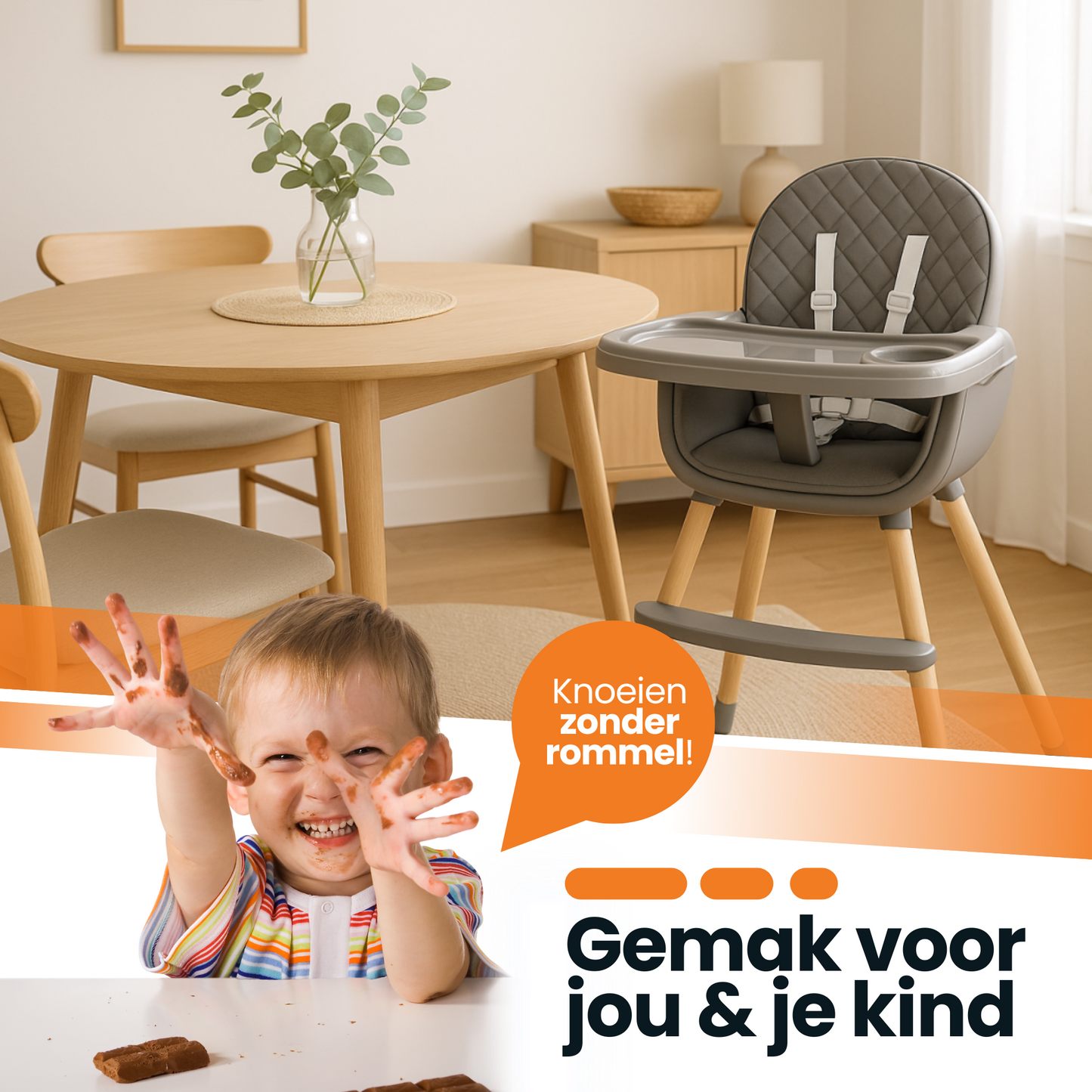 Kinderstoel High Chair - Houten 2-in-1 Stoel - Verstelbaar met 5-puntsgordel & Eetblad - Grijs