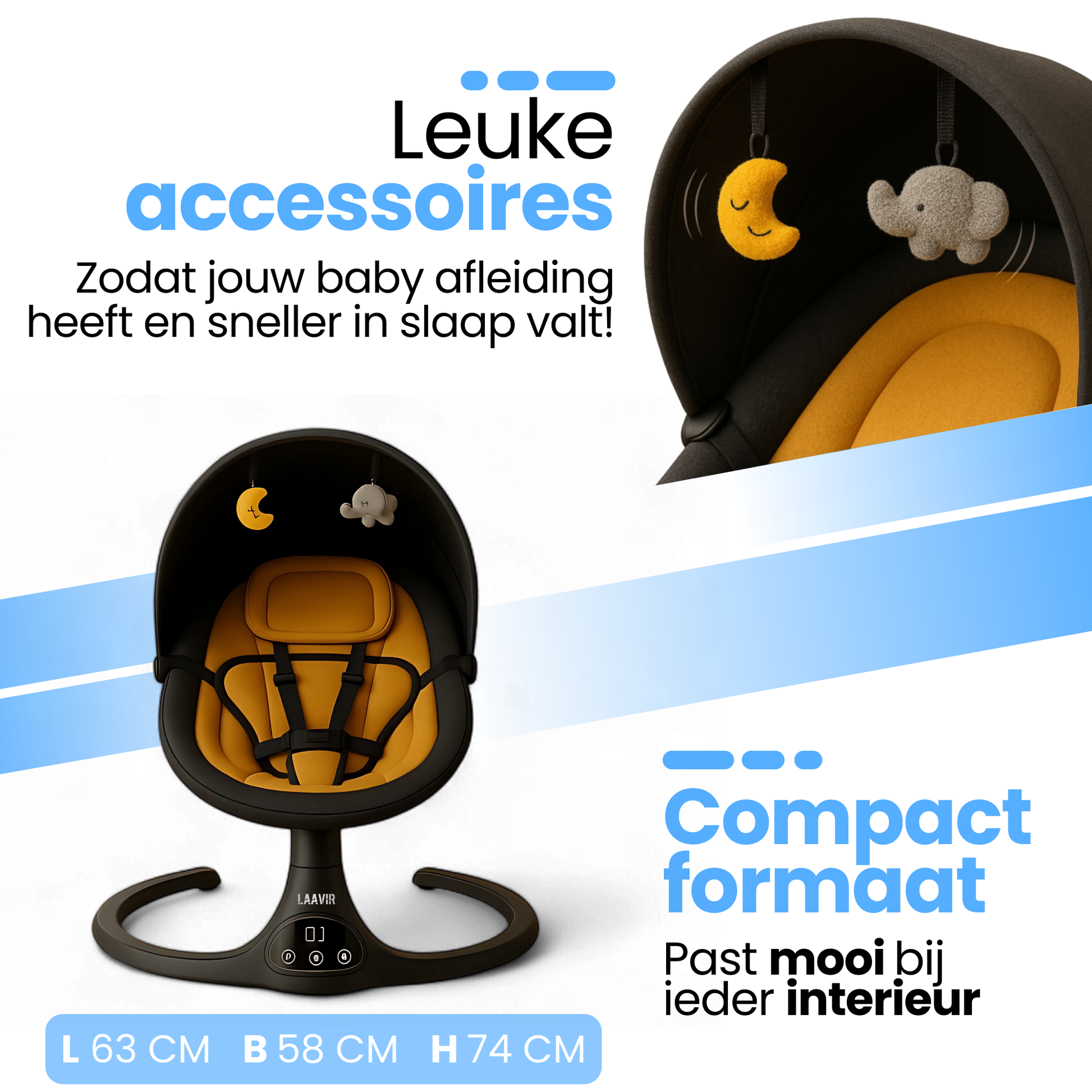 Elektrische baby wiegschommel oranje/zwart met muziek in moderne woonkamer.