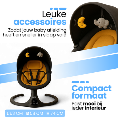 Elektrische baby wiegschommel oranje/zwart met muziek in moderne woonkamer.