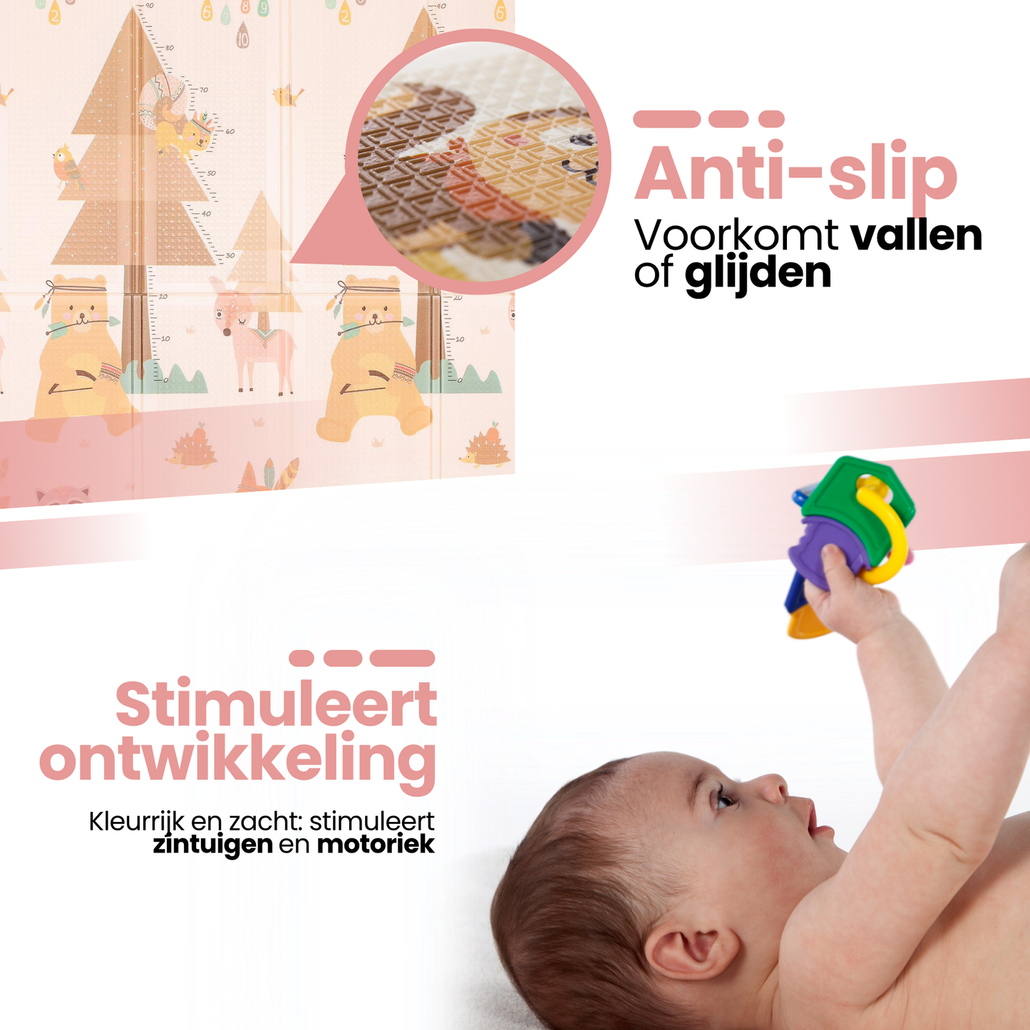 Opvouwbare baby speelmat dierenprint 200×150 cm - antislip met baby die speelt.