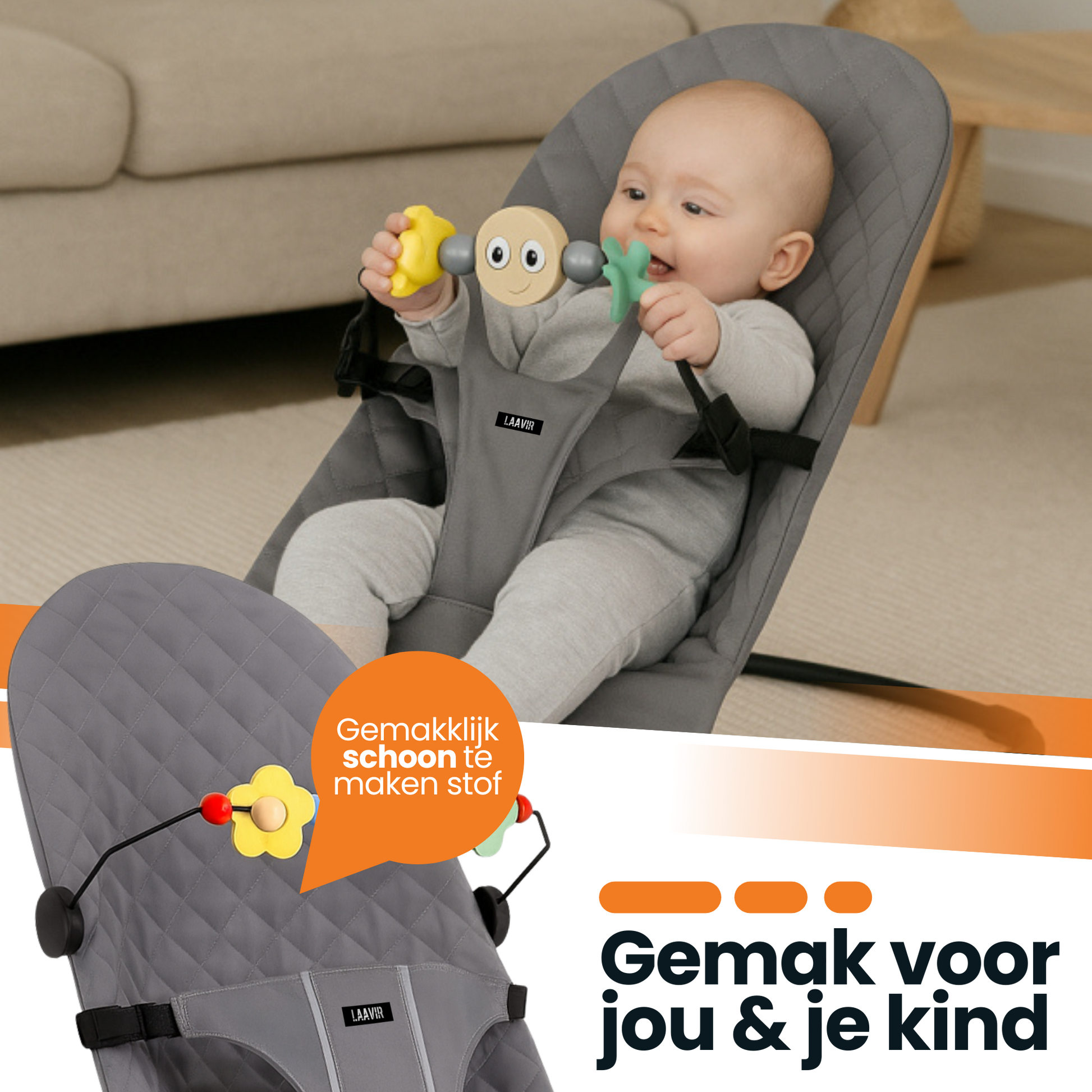 Inklapbare verstelbare baby wipstoel grijs - baby speelt met kleurrijke hangspeeltjes.
