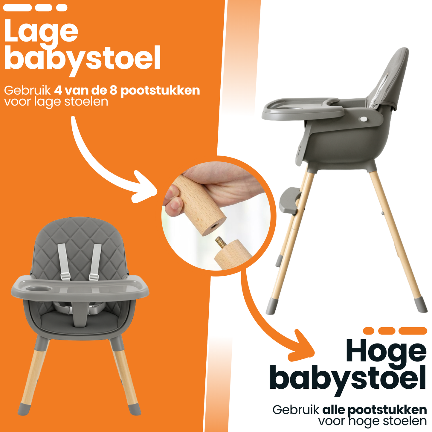 Grijze kinderstoel High Chair met verstelbare poten en veiligheidsgordel in gebruik.