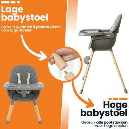 Grijze kinderstoel High Chair met verstelbare poten en veiligheidsgordel in gebruik.