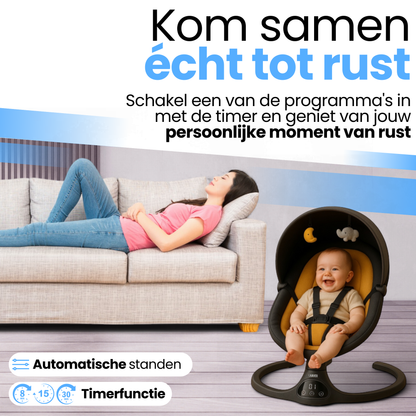 Elektrische baby wiegschommel oranje/zwart - baby schommelt en luistert naar muziek.