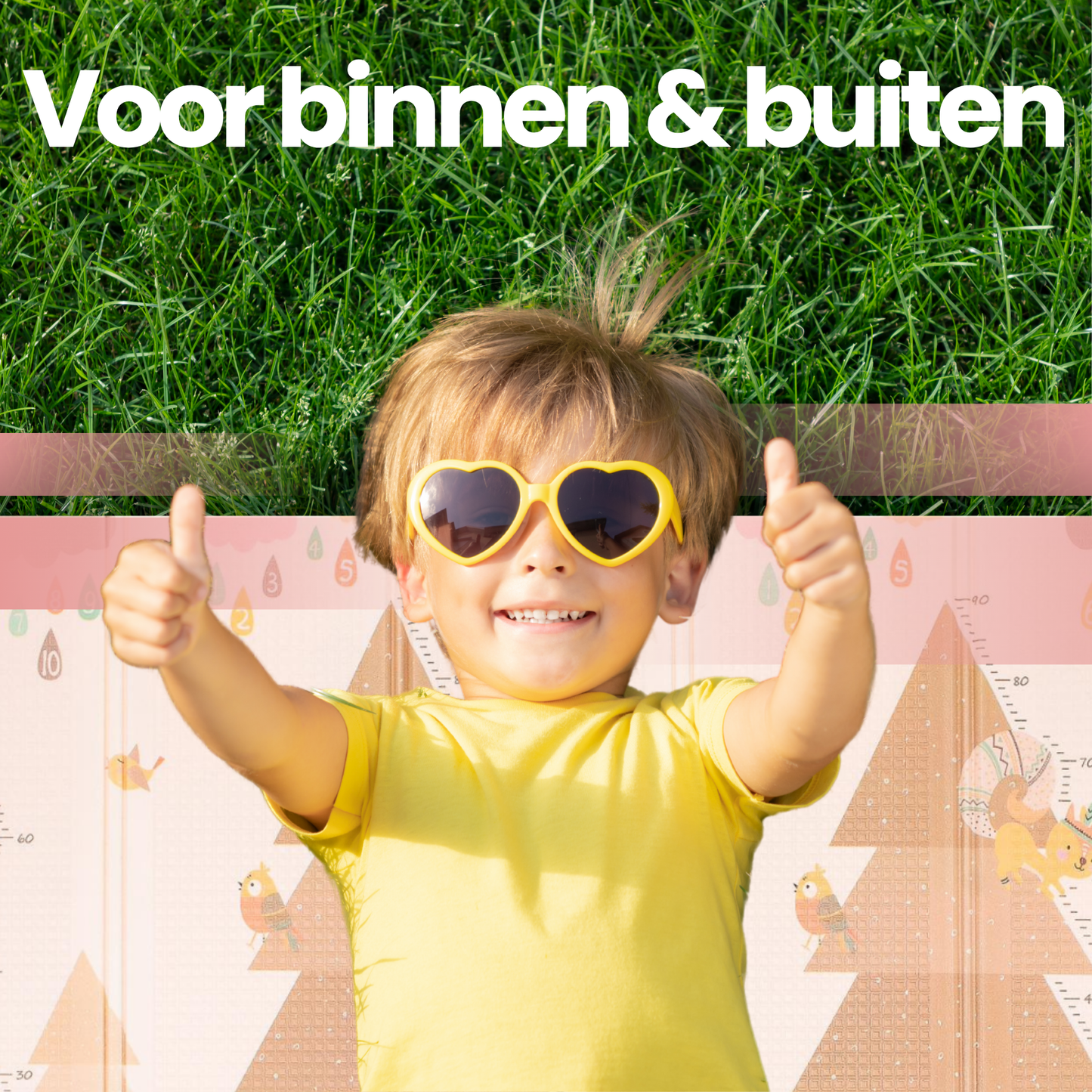 Opvouwbare baby speelmat met dierenprint en tas - kind speelt buiten in gras.