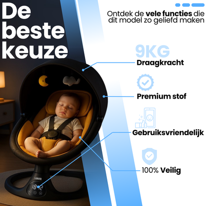 Elektrische baby wiegschommel oranje/zwart met muziek - baby slaapt ontspannen.