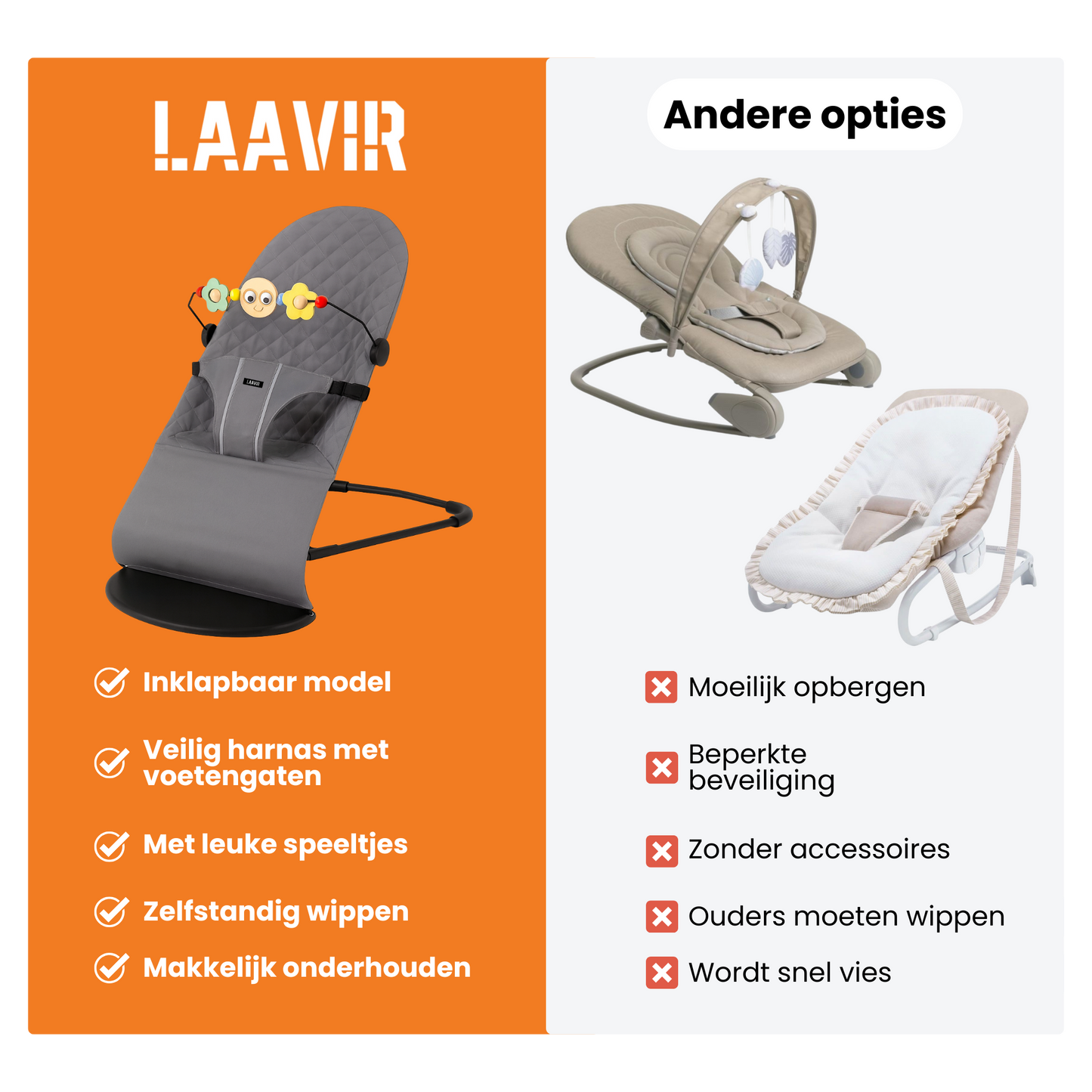 Inklapbare baby wipstoel met veilig harnas en voetsteunen - grijs design met accessoires.