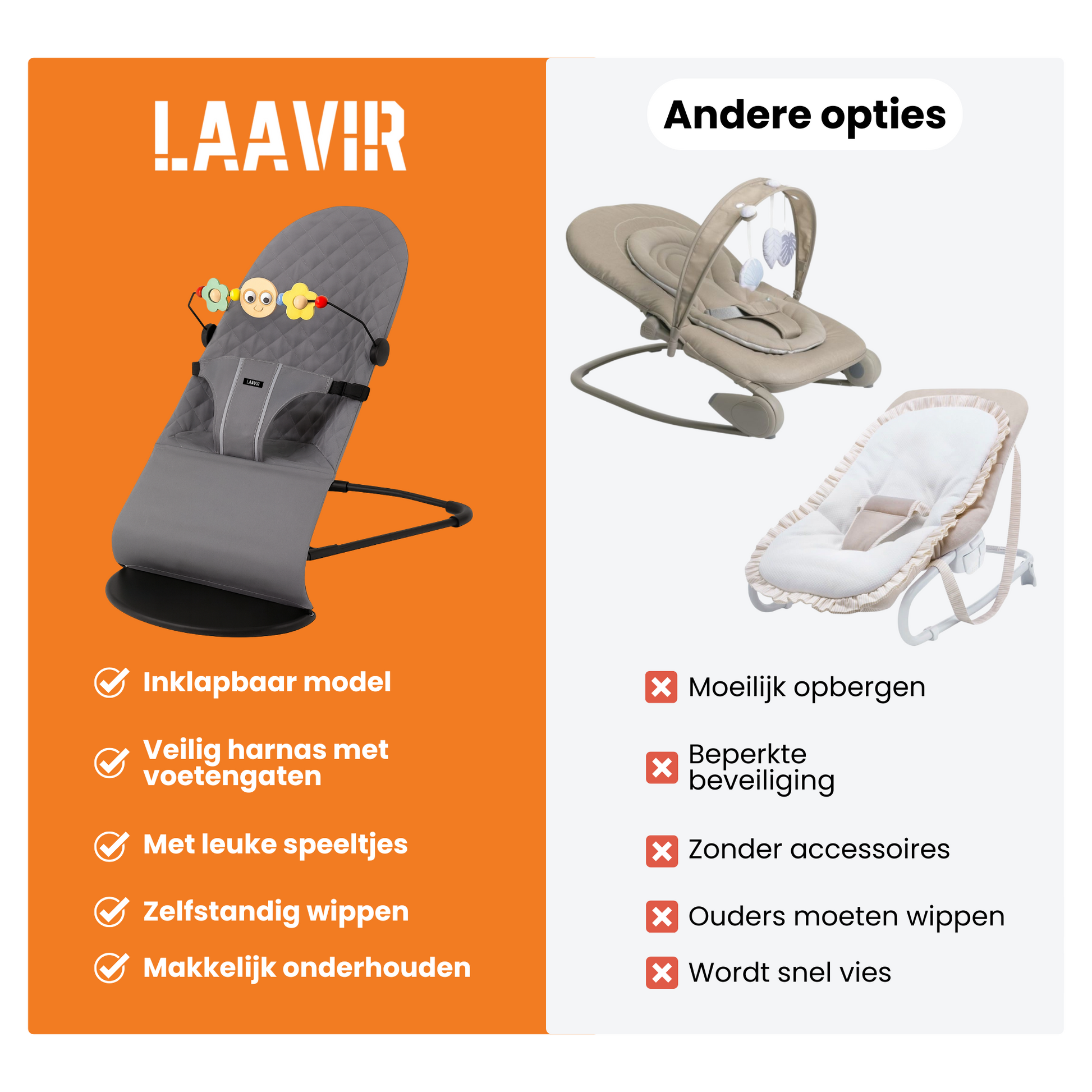 Inklapbare baby wipstoel met veilig harnas en voetsteunen - grijs design met accessoires.