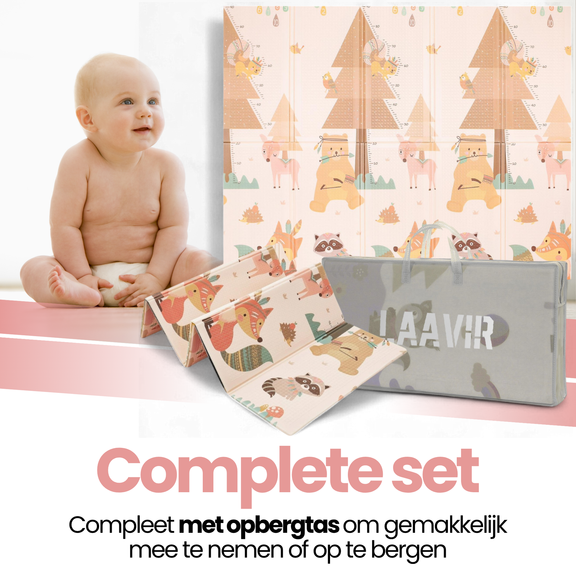 Opvouwbare baby speelmat dieren met opbergtas - peuter zit naast kleurrijke mat.